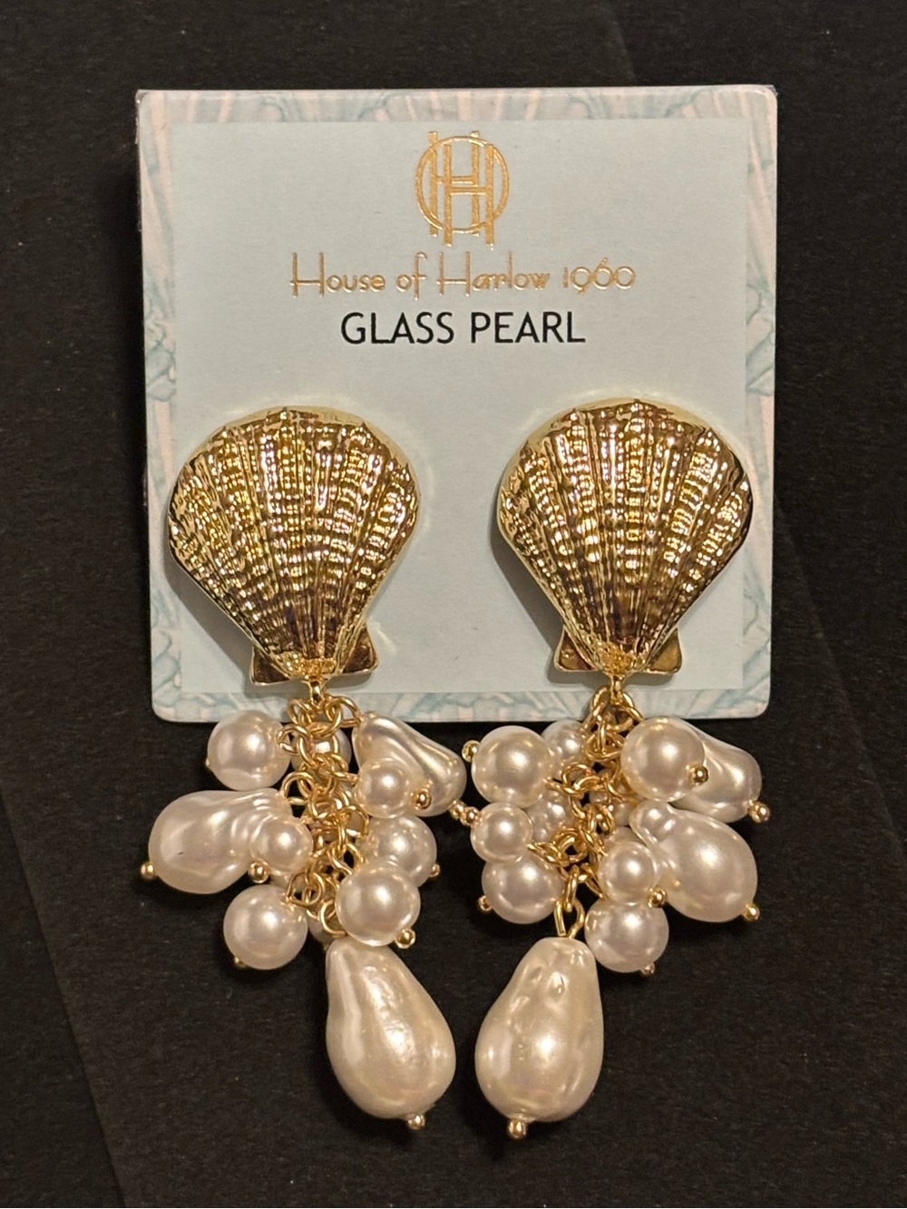 House of Harlow 1960 Seashell Drop Earrings with Glass Pearl Clusters NWT